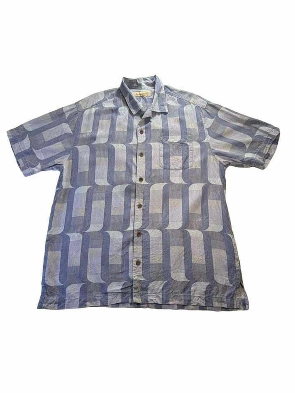 Tommy Bahama Camp Shirt Size L Blue Geometric100% Silk Short Sleeve Vacation